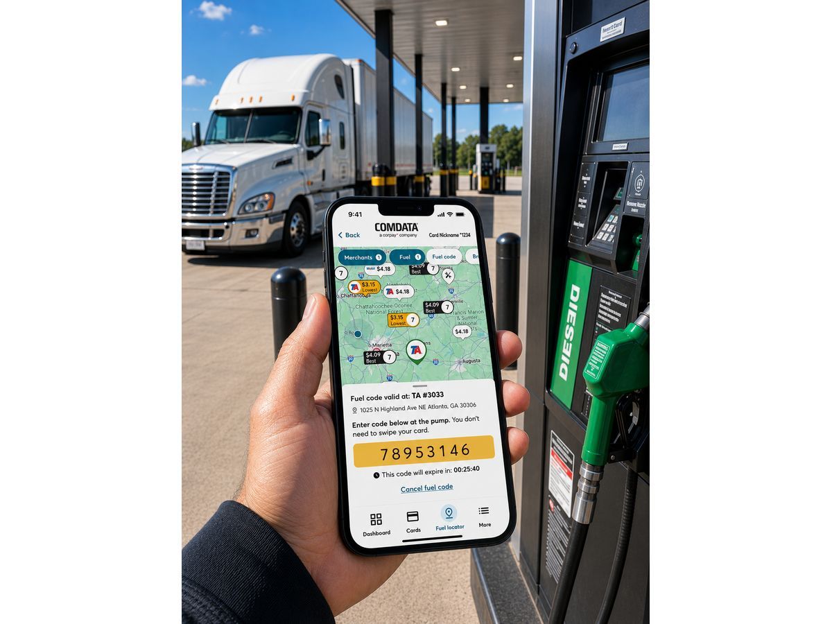 Comdata Pay Codes shown on mobile device next to fuel pump