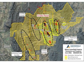 Regional map of the Costerfield Project in GDA2020 grid showing Alkane tenements and the main corridors of mineralisation identified, highlighting the location of the True Blue deposit.