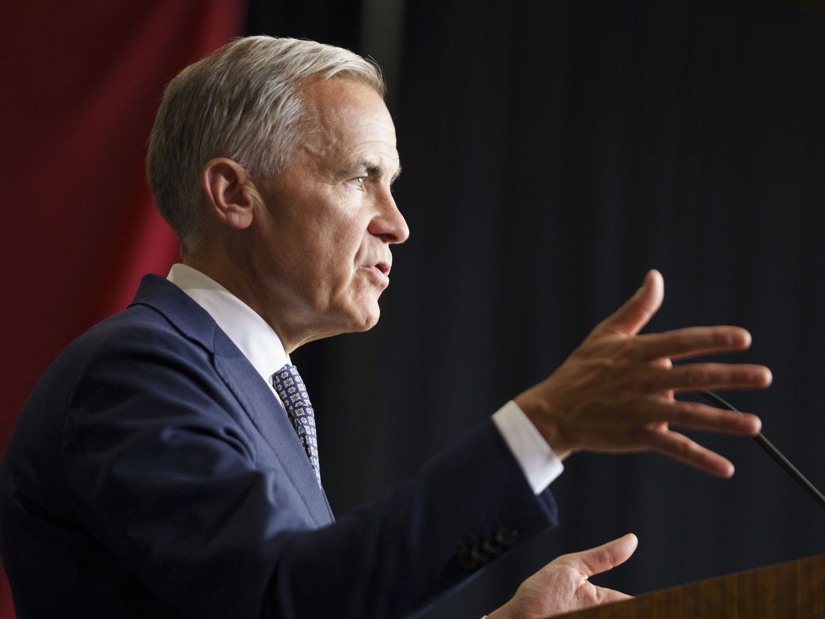 Prime Minister Mark Carney speaks during a press conference at General Dynamics Land Systems in London, Ont. on July 16, 2026.