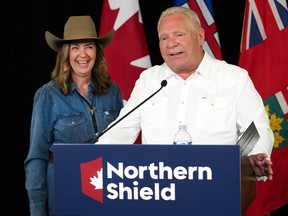 Ontario Premier Doug Ford speaks at a press conference with Alberta Premier Danielle Smith. The premiers announced the Northern Shield, a new route for an oil pipeline from Hardisty, Alta., to Sarnia, Ont., on July 6.