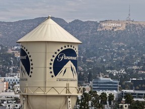 The Paramount logo is displayed on a water tower at the Paramount Studios lot on July 13, 2026 in Los Angeles, California.