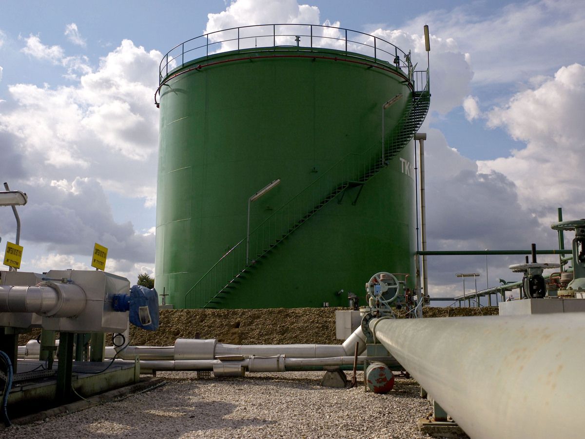 A crude oil storage tank at the Vermilion Energy Trust pipeline and storage site in Vaudoy-en-Brie, near Paris, France.