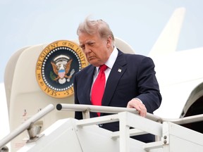 U.S. President Donald Trump arrives at Oakland County International Airport for a visit to General Motors’' Milford Proving Grounds on July 27, 2026 in Waterford Township, Michigan.