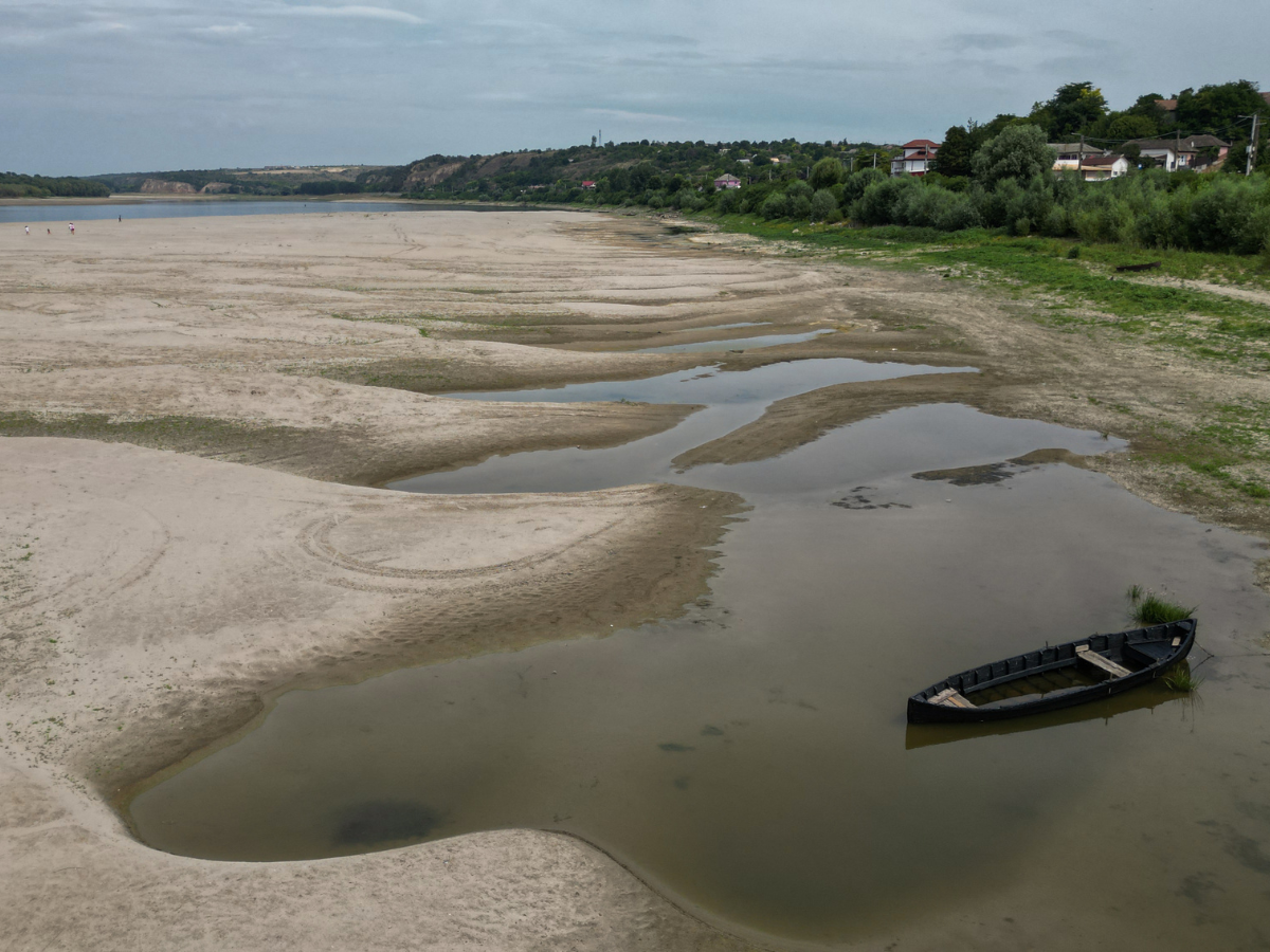 An aerial view shows a dried-out river bed of Danube in Rasova village August 3, 2026.