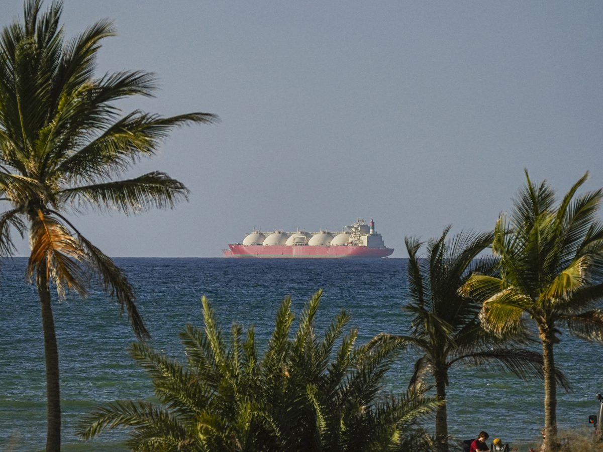 A view of the vessels heading towards the Strait of Hormuz following the two-week temporary ceasefire reached between the United States and Iran on the condition that the strait be reopened, seen in Oman on April 08, 2026.