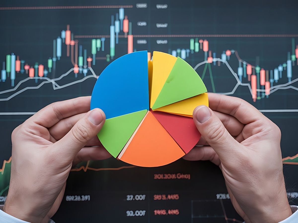 Investment portfolio management. Diversified strategy using stocks, bonds and commodities. Pie chart and candlestick charts.