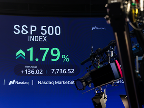 S&P 500 signage during the Attovia Therapeutics Inc. initial public offering (IPO) at the Nasdaq MarketSite in New York, US, on Wednesday, Aug. 5, 2026.