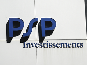 PSP Investments signage is in Montreal, Quebec, Canada, on September 30, 2025.