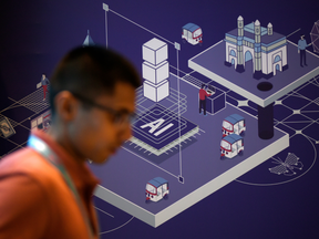 A digital illustration featuring artificial intelligence and urban technology is displayed during the opening day of Mumbai Tech Week in Mumbai, India, on May 29, 2026.