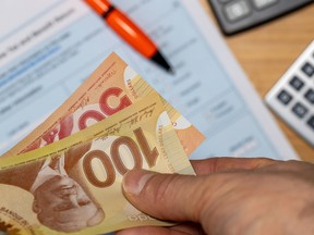 Taxes and financial settlements in Canada. Canadian dollar, calculator, and tax form. Financie and business concept. Tax return. Financial background. flat lay. close up.