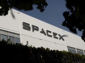 The SpaceX logo is displayed at a SpaceX facility on August 04, 2026 in Hawthorne, California.