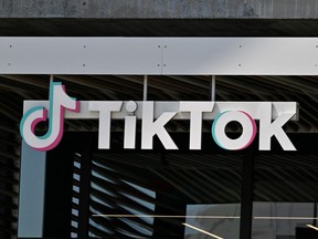 The TikTok logo is seen outside the Chinese video app company's Los Angeles offices on April 4, 2025 in Culver City, California.