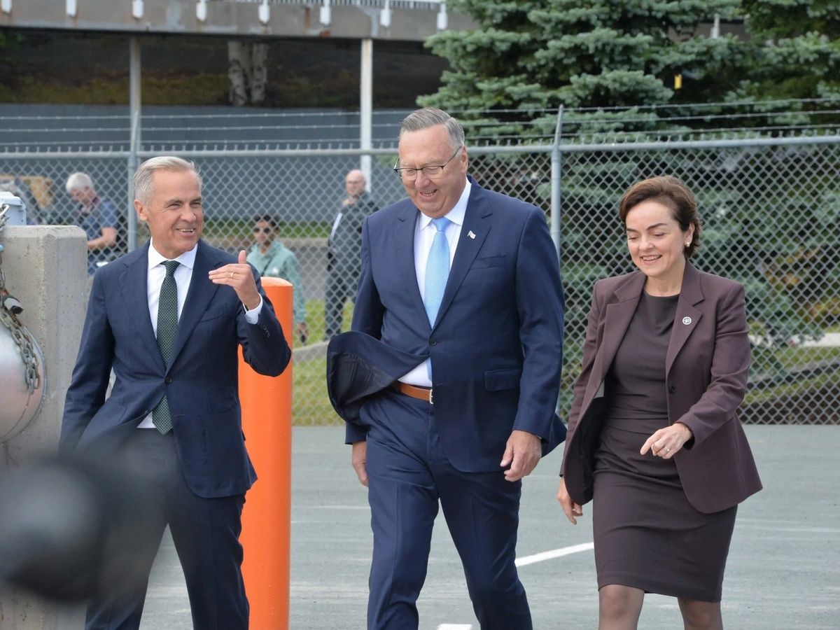 Prime Minister Mark Carney, Newfoundland and Labrador Premier Tony Wakeham and Quebec Premier Christine Fréchette walk towards the podium on Monday, Aug. 17, 2026 to announce a new Churchill Falls deal. Prime Minister Mark Carney, Newfoundland and Labrador Premier Tony Wakeham and Quebec Premier Christine Fréchette walk towards the podium on Monday, Aug. 17, 2026 to announce a new Churchill Falls deal.
