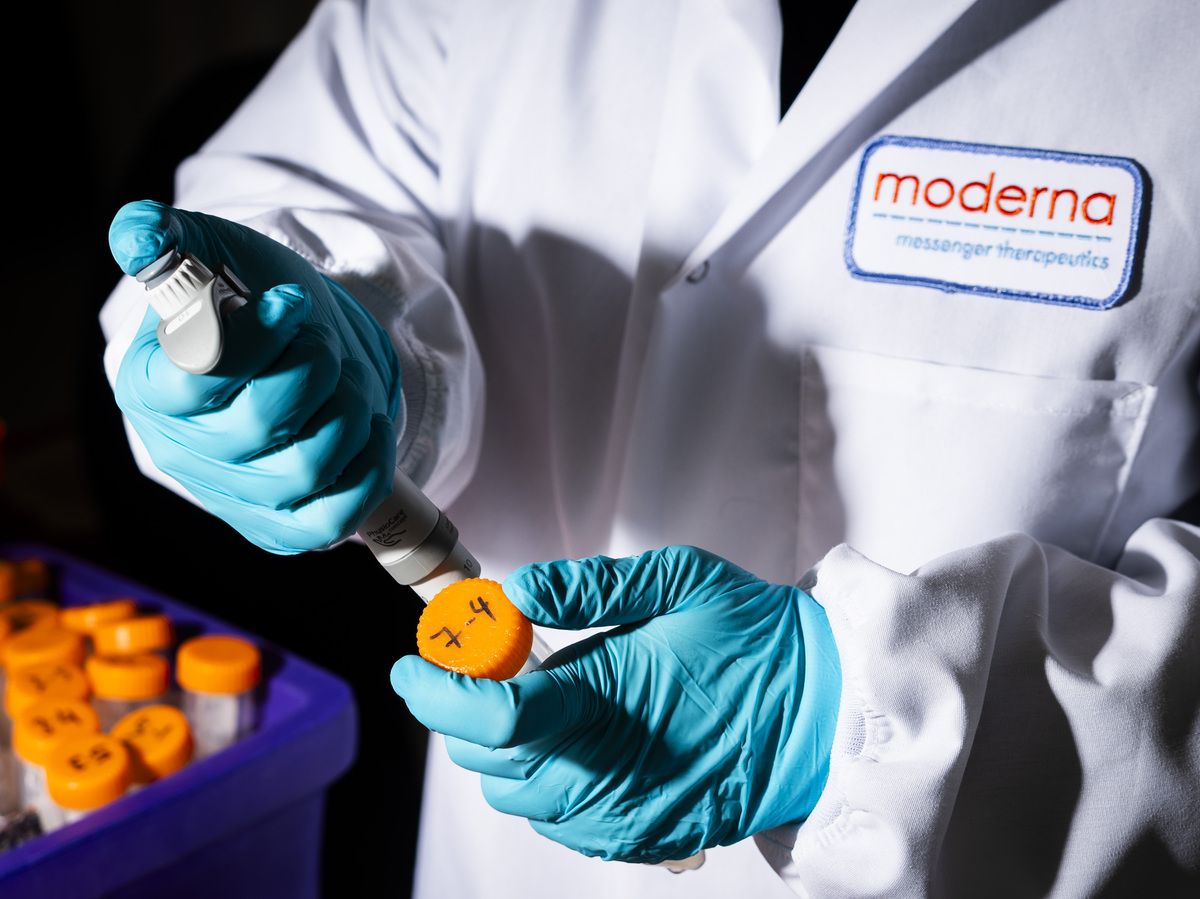 A researcher works in the lab at the Moderna Inc. headquarters in Cambridge, Massachusetts, US, on Tuesday, March 26, 2024.