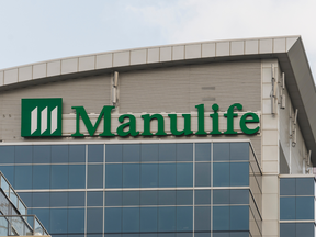 Signage and logo of Manulife on its building in Toronto. Manulife Financial is a Canadian insurance company and financial services provider headquartered in Toronto.