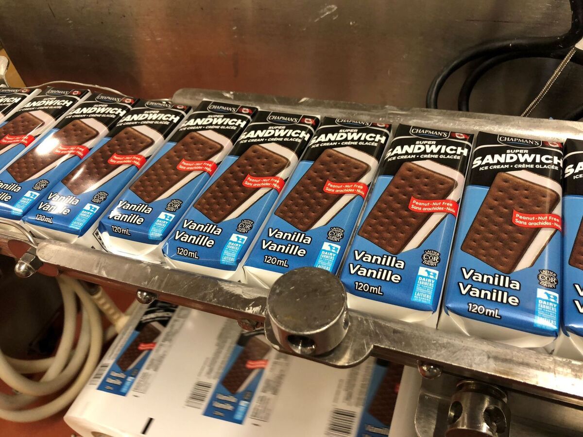 Chapman's Ice Cream Sandwiches on a production conveyor belt.