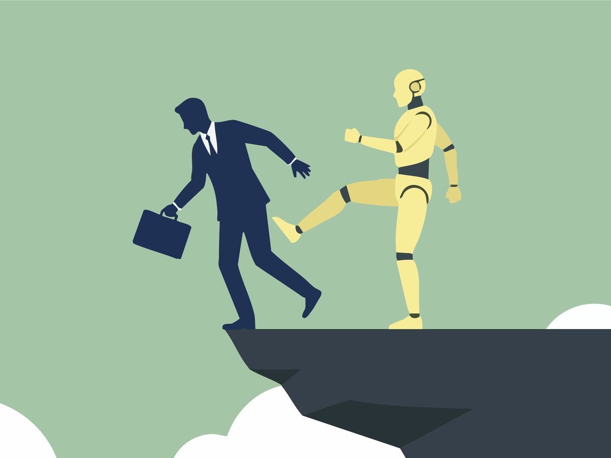 An illustration of a robot kicking a worker off a cliff
