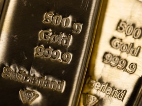 Five hundred gram gold bars arranged at Gold Investments Ltd. bullion dealers in London, UK, on Tuesday, May 21, 2024.