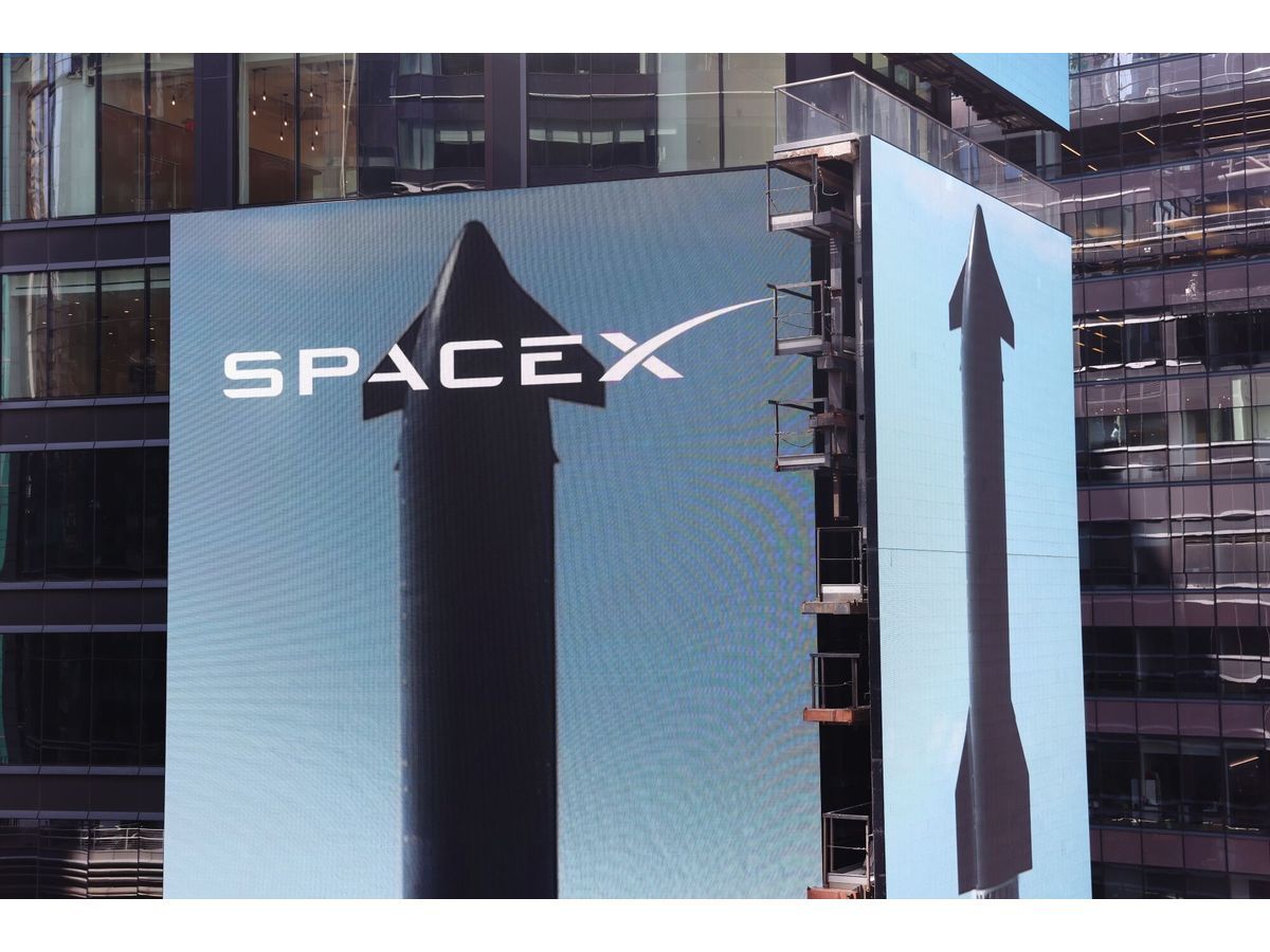 SpaceX signage during the closing bell ceremony at the Nasdaq MarketSite in New York, on June 12.