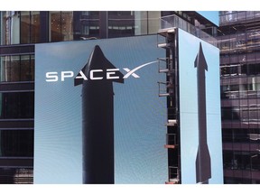 SpaceX signage during the closing bell ceremony at the Nasdaq MarketSite in New York, on June 12.