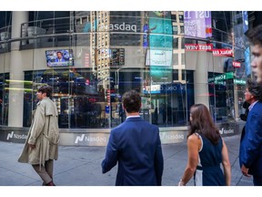 Nasdaq signage during the Latigo Biotherapeutics Inc. initial public offering (IPO) at the Nasdaq MarketSite in New York, US, on Friday, Aug. 7, 2026. Latigo Biotherapeutics Inc., a clinical-stage developer of non-opioid pain medicines, climbed 17% on Friday after raising $345.6 million in an upsized initial public offering, priced at the top of a marketed range.