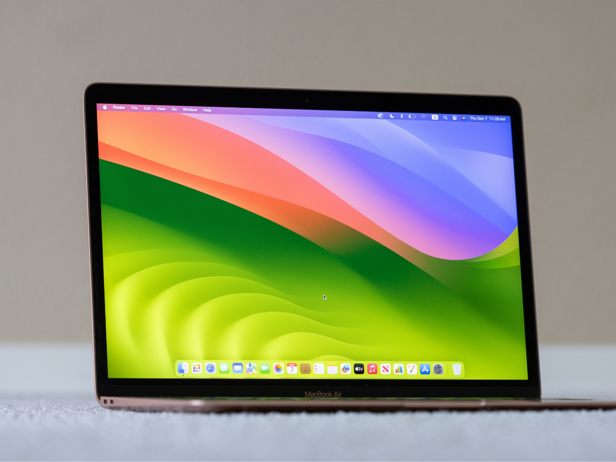 Closeup of MacBook Air laptop computer running on macOS Sonoma.