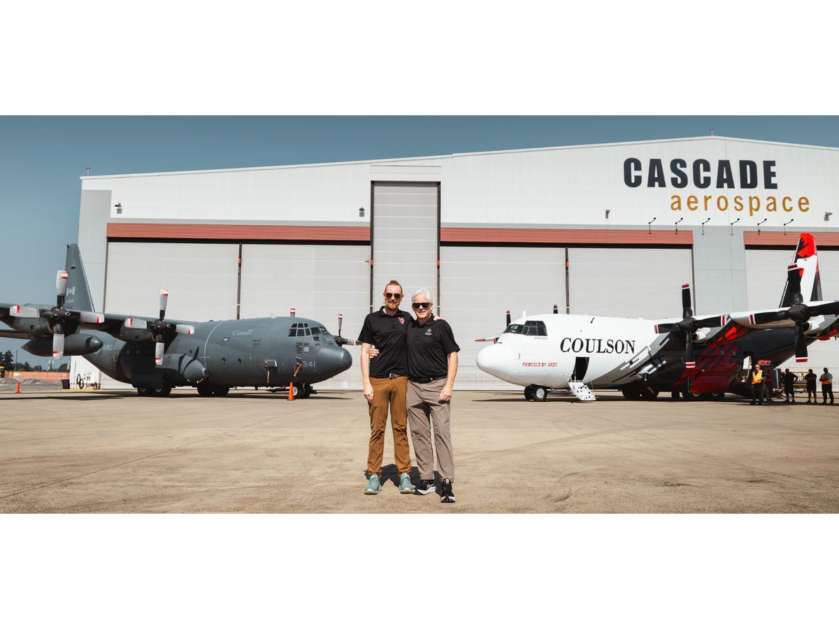 Britton Coulson, left, and Wayne Coulson stand in front of one of 10 former Royal Canadian Air Force CC-130H Hercules aircraft recently acquired by Coulson Aviation from the Government of Canada. At right is a Coulson C-130H outfitted for aerial firefighting with the company's proprietary RADS-XXL retardant delivery system, capable of carrying up to 4,000 U.S. gallons, or more than 15,000 litres, of water or fire retardant. The acquisition doubles Coulson's global C-130H fleet to 20 aircraft, expanding its capacity to build the world's largest C-130 airtanker fleet.