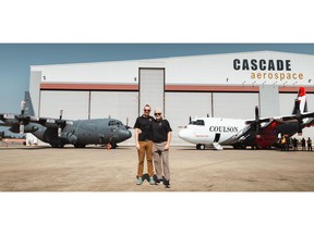 Britton Coulson, left, and Wayne Coulson stand in front of one of 10 former Royal Canadian Air Force CC-130H Hercules aircraft recently acquired by Coulson Aviation from the Government of Canada. At right is a Coulson C-130H outfitted for aerial firefighting with the company's proprietary RADS-XXL retardant delivery system, capable of carrying up to 4,000 U.S. gallons, or more than 15,000 litres, of water or fire retardant. The acquisition doubles Coulson's global C-130H fleet to 20 aircraft, expanding its capacity to build the world's largest C-130 airtanker fleet.