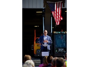 Scott Young, Head of Region North America for Volvo Construction Equipment, speaks at a production expansion event Aug. 19, 2026, in Shippensburg, PA.