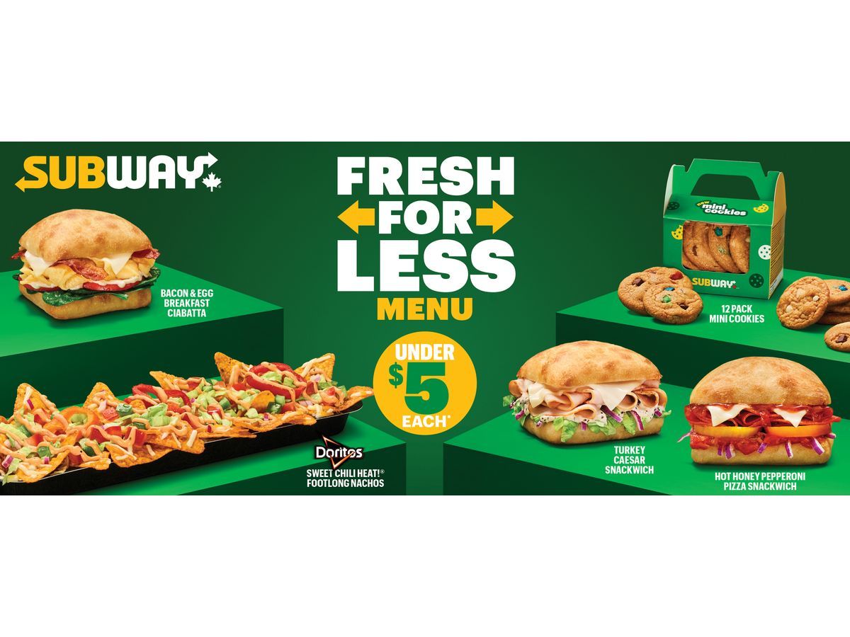 Subway Canada's new Fresh for Less Menu features a variety of options available for under $5 each, including the NEW Hot Honey Pepperoni Pizza Snackwich and NEW Turkey Caesar Snackwich.