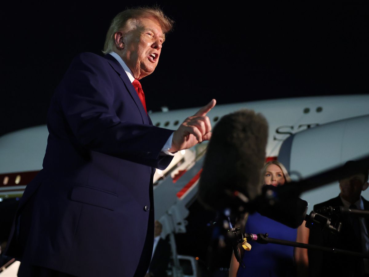 U.S. President Donald Trump speaks to reporters after stepping off Air Force One on Aug. 11, 2026 in Joint Base Andrews, Maryland. 