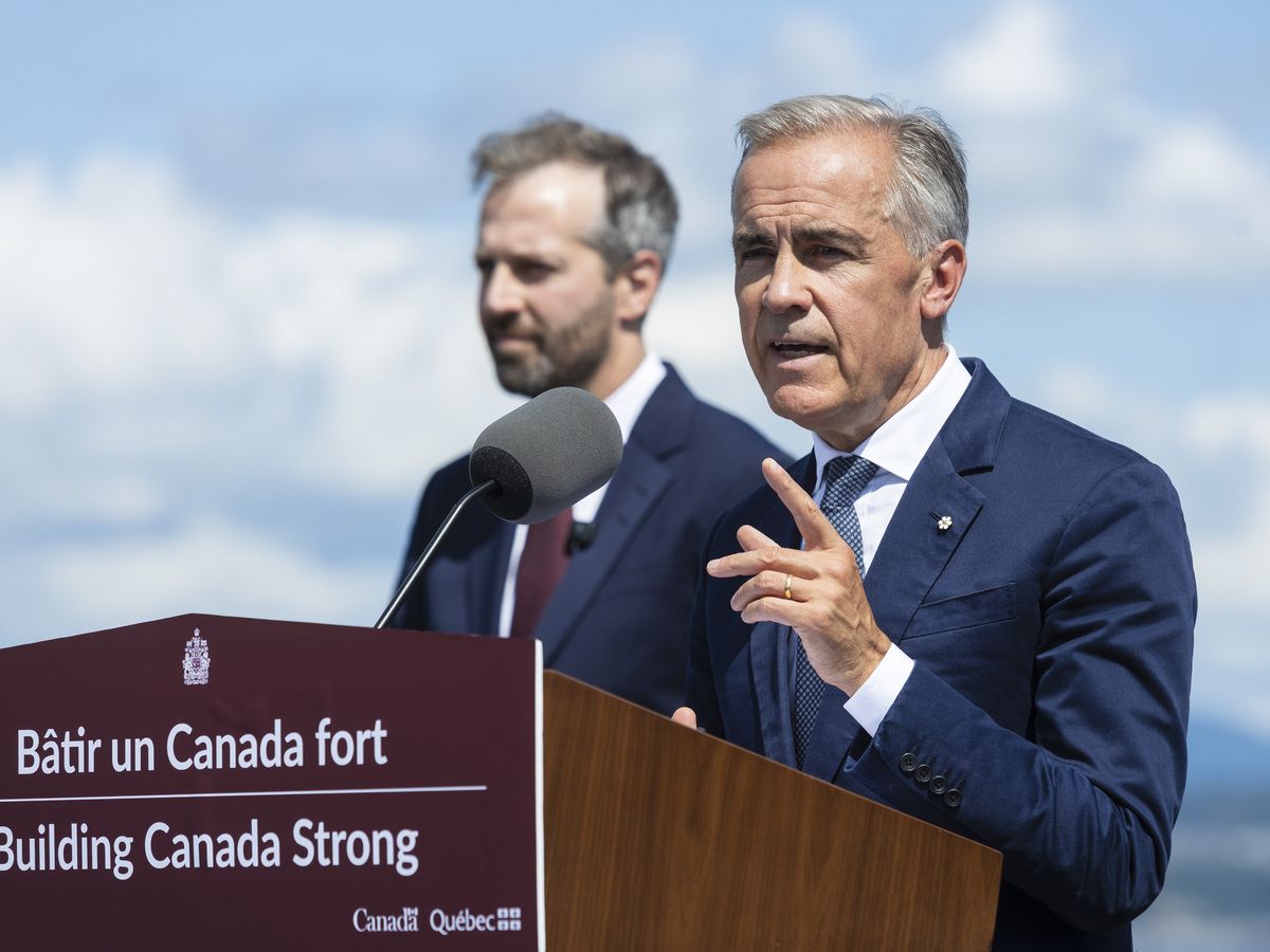 Prime Minister Mark Carney talks during a press conference at the Davie Shipyard in Levis, Que., Aug. 24, 2026.
