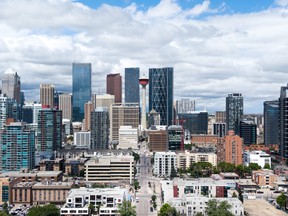 The downtown Calgary skyline seen looking up Centre Street on June 16, 2026.
