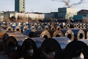 Spools of steel in the yard at a manufacturing facility in Hamilton, Ontario
