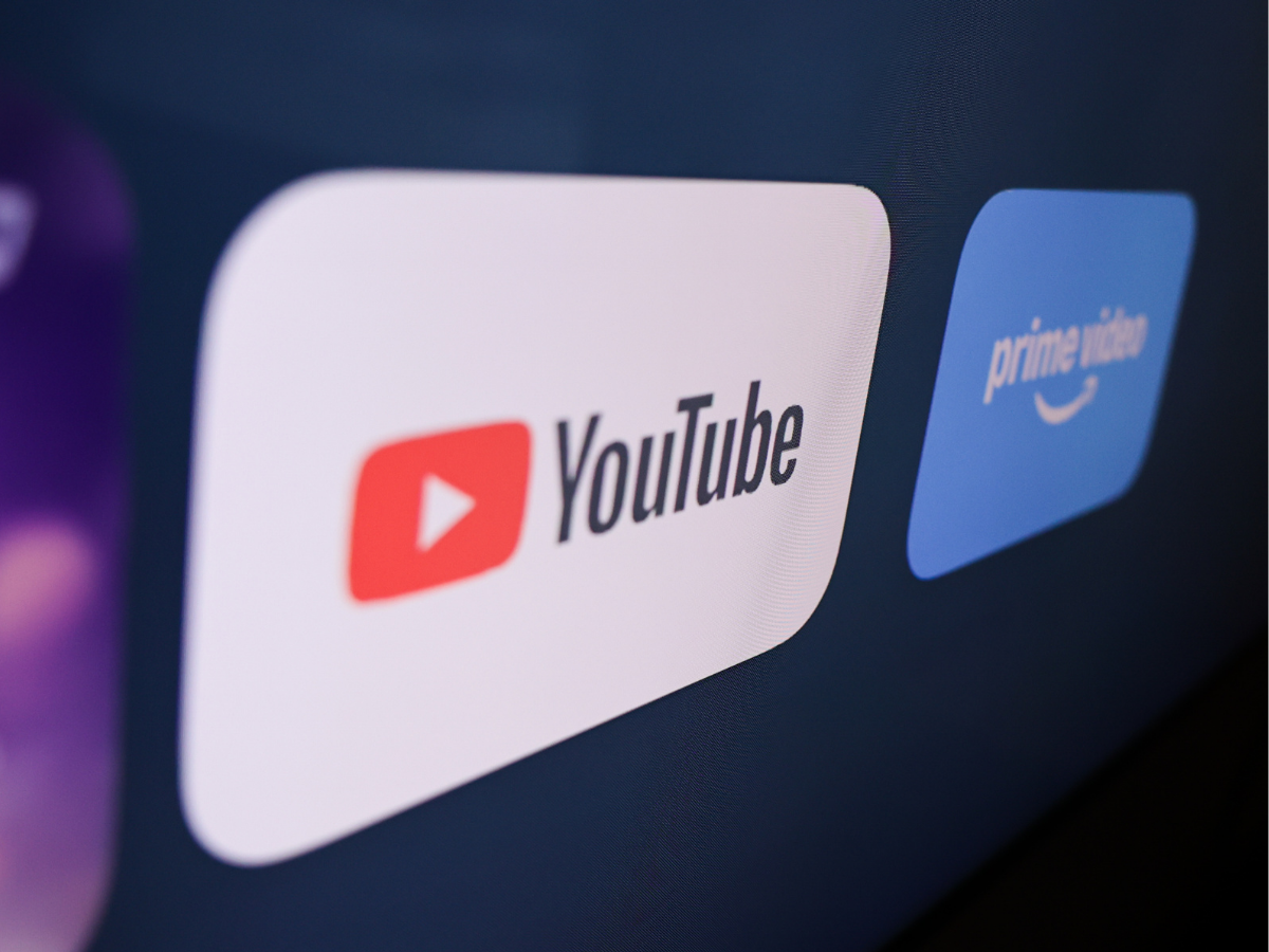 YouTube and Prime Video logo displayed on a tv screen are seen seen in this illustration photo taken in Norway on January 11, 2025.