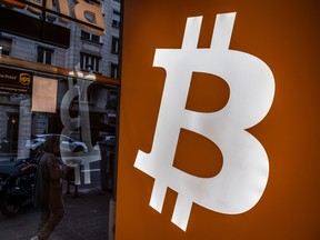 A logo for Bitcoin cryptocurrency at a cryptocurrency exchange.