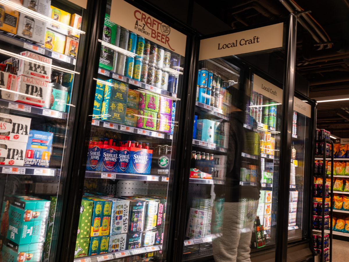 Beer cans are displayed on a grocery store shelf on February 11, 2025 in New York City.