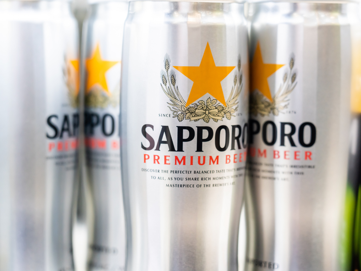 Cans of Sapporo Beer seen in a supermarket.