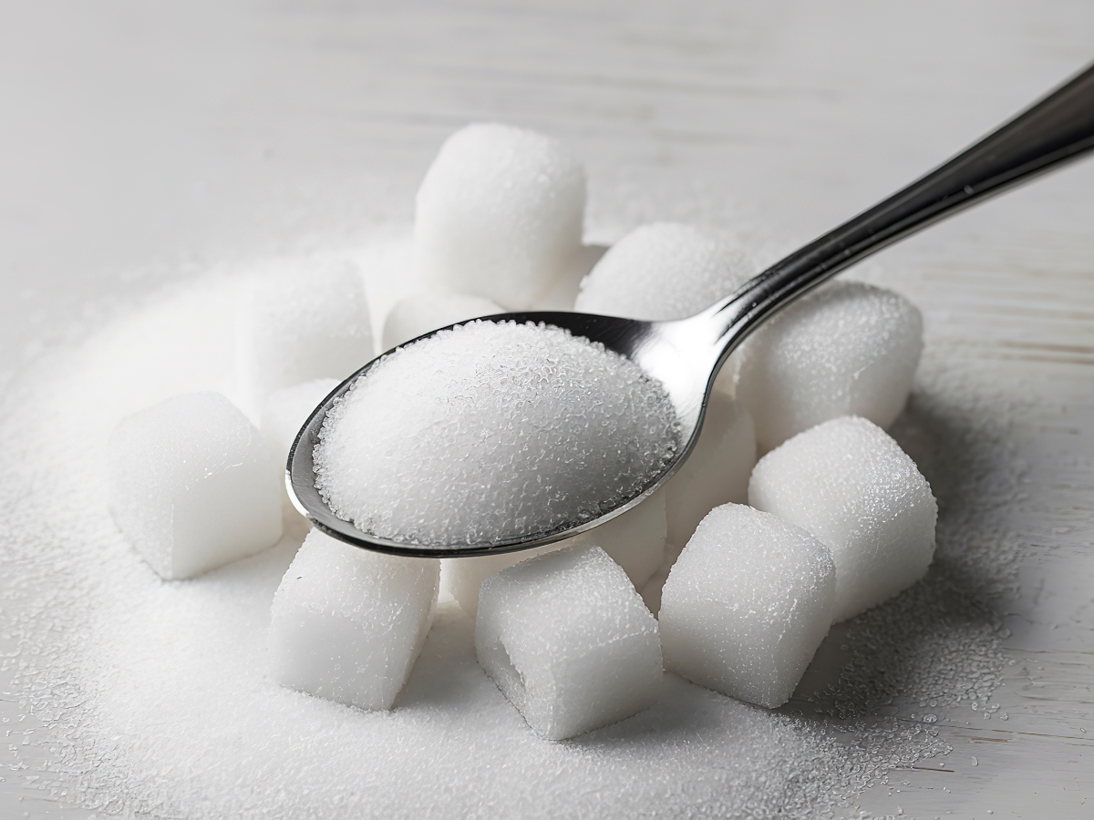 a spoon with sugar on a white background