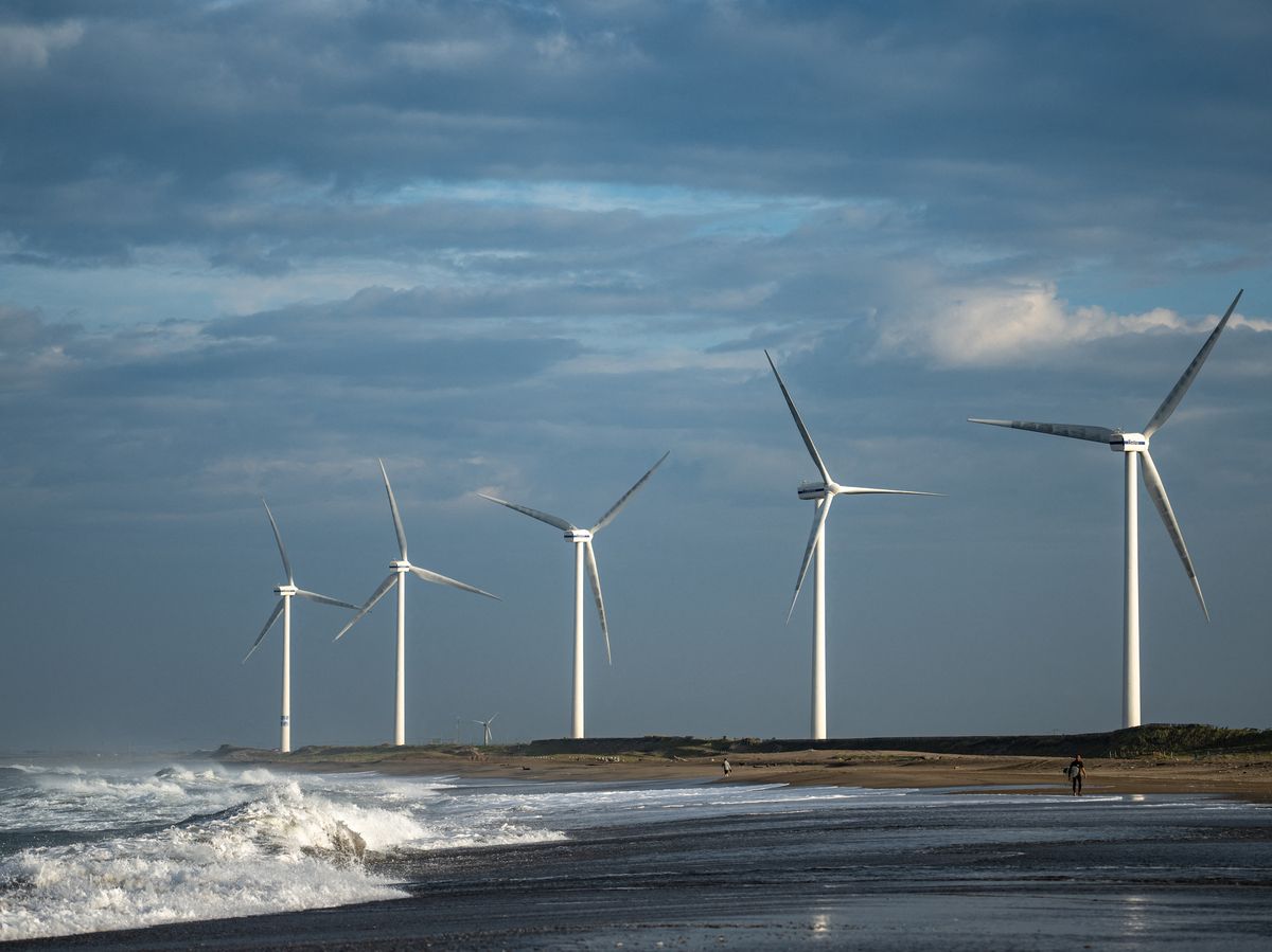 A general view of wind turbines is seen at Nikkawahama Beach in Kamisu city, Ibaraki prefecture on August 2, 2025.