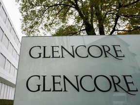 A picture taken on October 10, 2015 shows the logo of Glencore at the Swiss commodity trading giant's headquarters in Baar, central Switzerland.