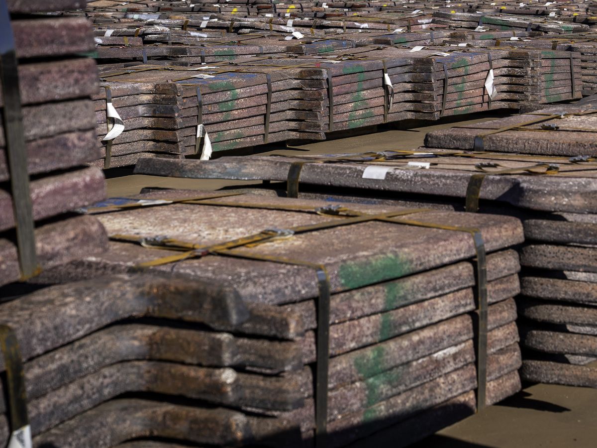 Copper ingots ready for export are stacked at the Kamoa Copper S.A. facility in Kolwezi, in the southeastern Democratic Republic of the Congo, on May 20, 2026.