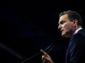 Evan Solomon, Minister Responsible for the Federal Economic Development Agency for Southern Ontario, speaks during the opening of All In, a conference and trade show on artificial intelligence, in Montreal, Quebec, on September 15, 2026.