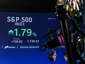 S&P 500 signage during the Attovia Therapeutics Inc. initial public offering (IPO) at the Nasdaq MarketSite in New York, US, on Wednesday, Aug. 5, 2026.