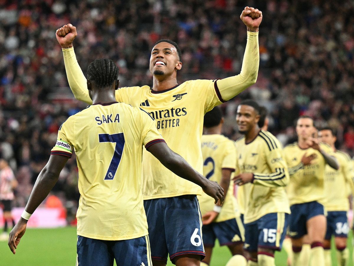 Arsenal's English midfielder #07 Bukayo Saka celebrates scoring the team's second goal with Arsenal's Brazilian defender #06 Gabriel Magalhaesduring the English Premier League football match between Sunderland and Arsenal at The Stadium of Light in Sunderland in north east England on September 12, 2026