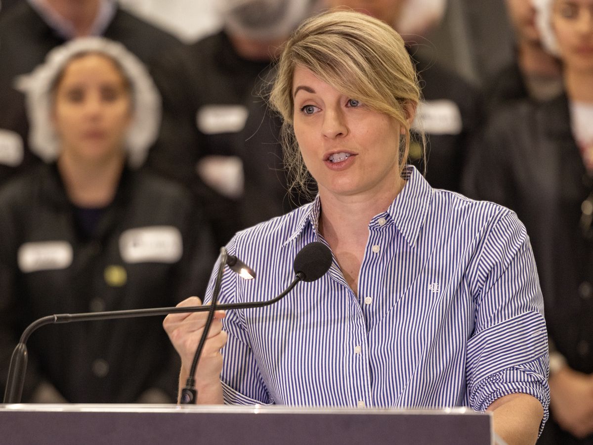 Industry Minister Melanie Joly makes an announcement about investment in a satellite at MDA in Ste-Anne-de-Bellevue, west of Montreal on June 30, 2026.