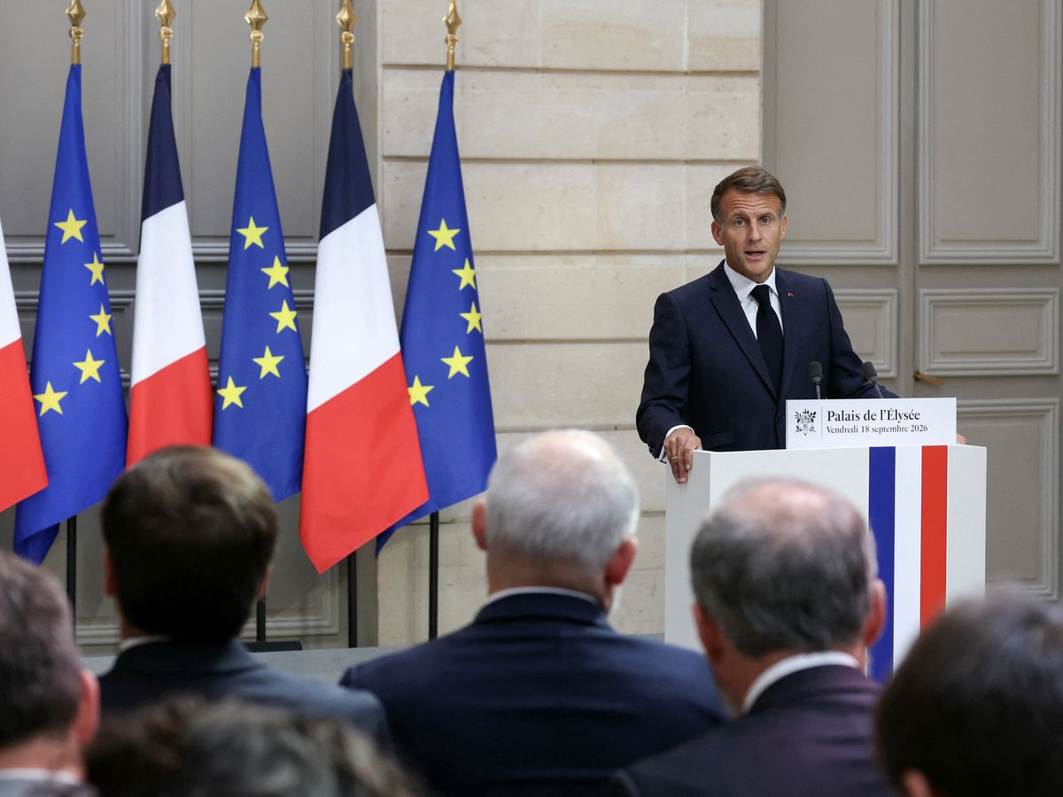 France's President Emmanuel Macron addresses the audience during a press conference following a meeting with candidates for the 2027 presidential election and party leaders focused on the geopolitical situation and its consequences, at the presidential Elysee Palace in Paris on Sep. 18, 2026.