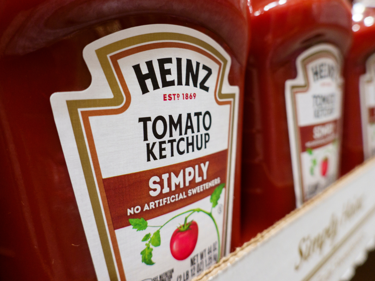 Cases of Heinz tomato ketchup are displayed at a Costco Wholesale store on April 25, 2025 in San Diego, California