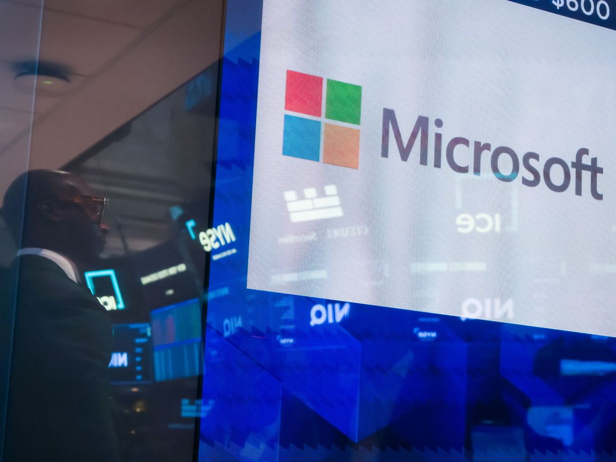 Microsoft Corp. signage on the floor of the New York Stock Exchange (NYSE) in New York, US, on Wednesday, July 23, 2025