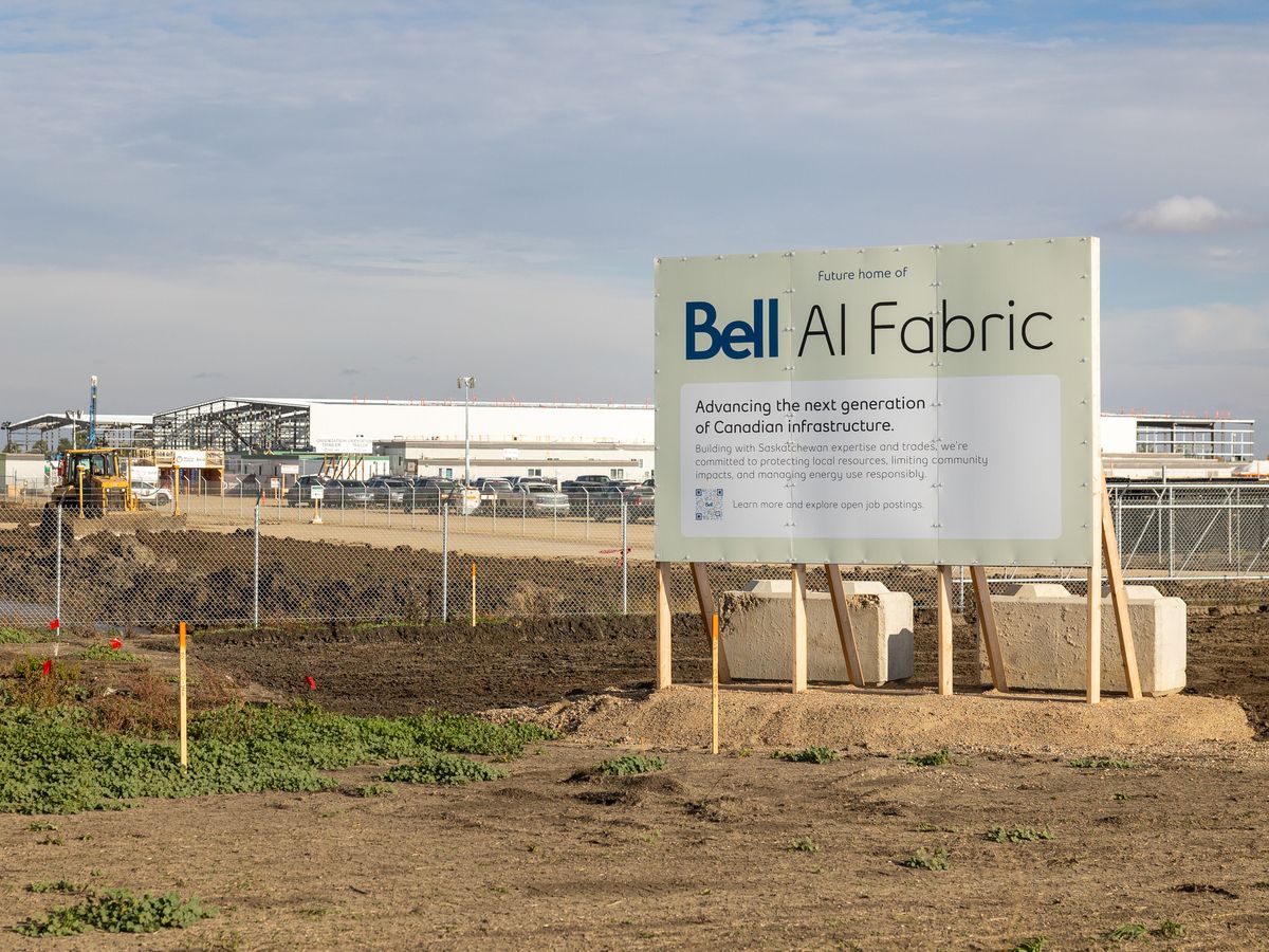 A sign in front of a construction site for Bell’s Artificial Intelligence (AI) Data Centre in Rural Municipality of Sherwood, Sask. on Wednesday, September 23, 2026.